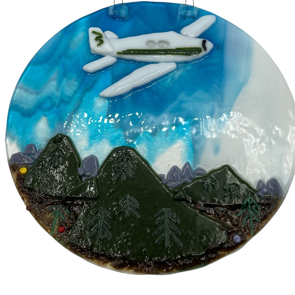 Fused Glass‎ Suncatcher Mountain Landscape Bush Plane Aviation Wall Art Nature